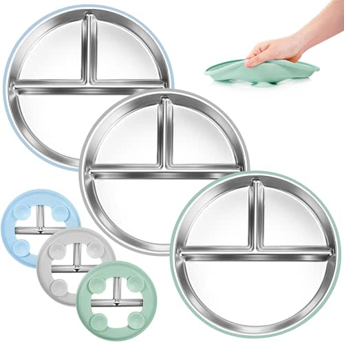 Bella's Friends Stainless Steel Baby Plates with Suction 3 Pack, 9” Divided Toddler Plates with Removable Silicone Sleeves for Mess-Free Feeding, Non-Toxic, Non-Slip, Dishwasher Safe, Blue,Green,Gray