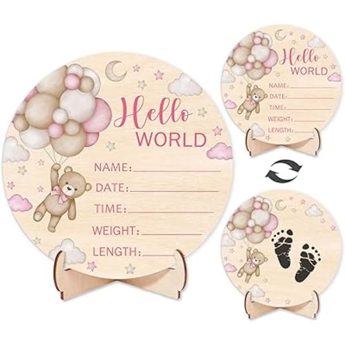 Andrain Double-Sided Wooden Newborn Birth Sign, Pink Bear Baby Announcement Sign, Girl Bear Hello World Name Sign for Hospital, Gift for New Mom Baby Shower, Photography Prop