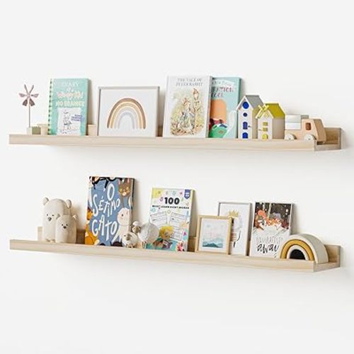 Floating Shelves for Wall, 36 inch Solid Wood Picture Ledge Shelf, Picture Shelf for Wall with Ledge, Floating Book Shelves for living room Bedroom Kitchen Nursery Decor, Natural Unfinished, Set of 2