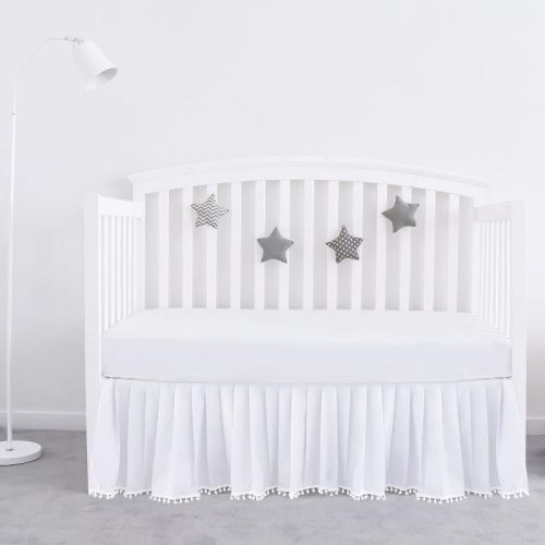 Biloban Crib Skirt - Dust Ruffle with Lovely Pompoms, 14" Drop, White (for Standard Crib/ Toddler Bed)