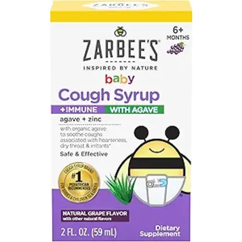 Zarbee's Baby Cough Syrup + Immune with Organic Agave + Zinc; Natural Grape Flavor; for Babies 6+ Months, 2 Fl Oz(Pack of 1)
