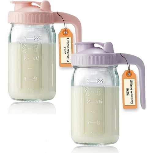 32oz Glass Pitcher with Lid & V-shaped Pour Spout - 1 Quart Double Leak Proof, Creamer Container for Sun Tea, Juice, Cold Brew Coffee, Breastmilk Storage Container