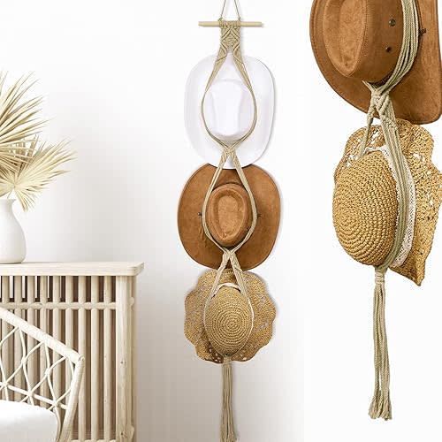 Yulejo Macrame Hat Hangers Boho Hat Rack Cowboy Hat Hanger Back of Door Hat Organizer (Beige,Three Hats Style)