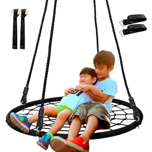 SUPER DEAL 40'' Spider Web Tree Swing Round Net Swing Platform Rope Swing Set for Kids Adult, 71" Detachable Nylon Rope with Swivel for Outdoor Backyard, Max 660 Lbs Extra Safe Steel Frame, Black