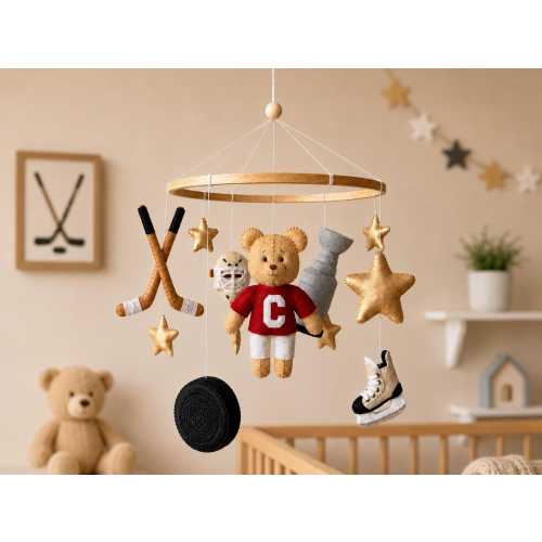 Hockey Baby Mobile for Crib, Teddy Bear Sports Nursery Mobile, Felt NHL Inspired Baby Mobile, Hockey Nursery Decor Boy Gift, Girl