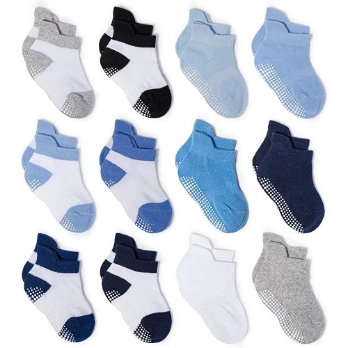 ZAPLES Baby Boys Non Slip Grip Ankle Socks with Anti Skid Soles for Infants Toddlers, Color-Blocked/Solid, 0-6 Months