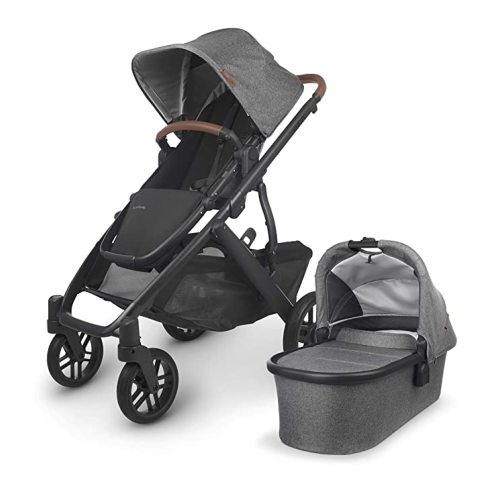 UPPAbaby Vista V2 Stroller / Convertible Single-To-Double System / Bassinet, Toddler Seat, Bug Shield, Rain Shield, and Storage Bag Included / Greyson (Charcoal Mélange/Carbon Frame/Saddle Leather)