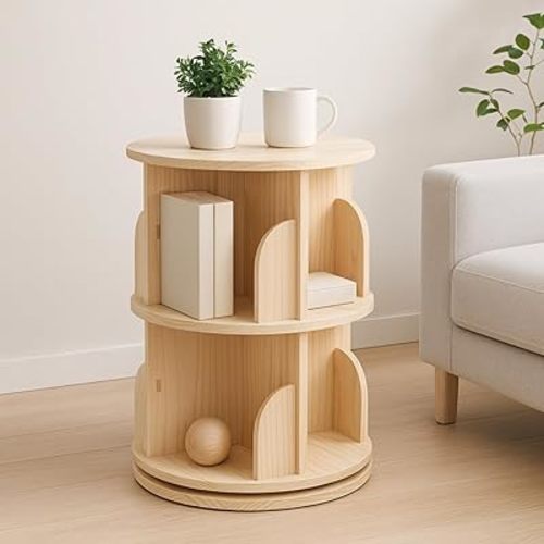 2 Tier Wood Bookshelf Office End Table,Nightstand with Storage Shelf,Rotating Side Table,Circle Nightstands for Bedroom,Modern Sofa Bedside Tables for Living Room,Easy Assembly.