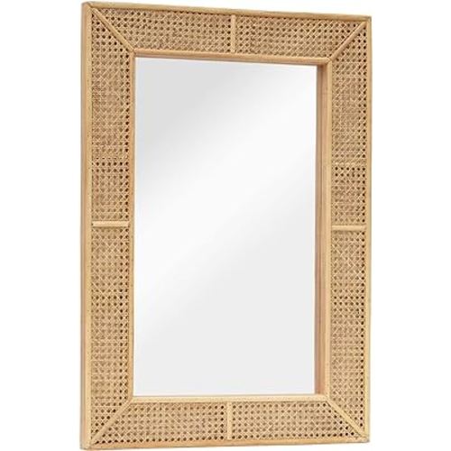 PARISLOFT Wooden and Rattan Mirrors, Boho Rectangle Wall Mirror for Living Room, Bedroom, 37.8''