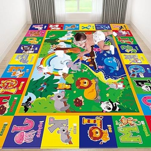 Kids Play Rug, Animals Print Baby Mat for Floor, Kids Rug for Playroom, ABC Educational Rug, Non-Toxic Soft Baby Crawling Mat, Tummy Time Mat, Nursery Rugs (Green, 78.7X59 INCH)
