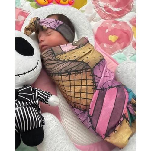 Goth Baby Swaddle with Matching Headband or Cuffed Hat, Soft Stretchy Purple & Blue Sally Rag Doll Nightmare Blanket Newborn Halloween