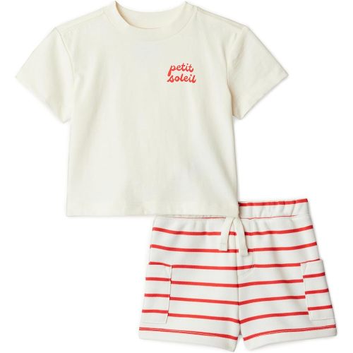 Amazon Essentials X Sofia Grainge Boys' Baby Boys' and Toddlers Short & Top Cotton Play Set, Petit Soleil/Uneven Stripe, 6-9 Months