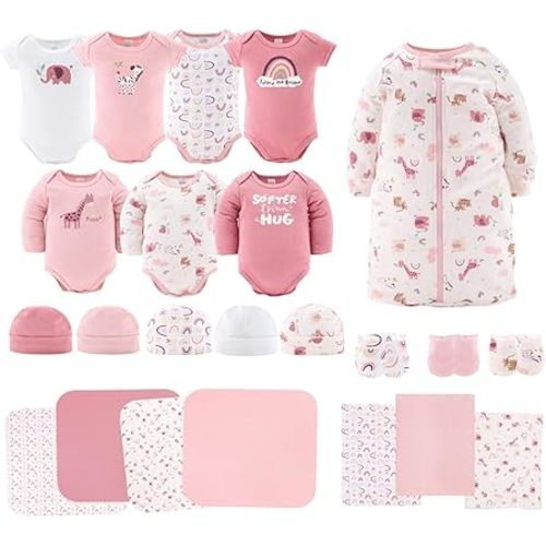 The Peanutshell Baby Layette Gift Set for Girls - 23 Piece New Born Girl Gift Set, Baby Clothes & Newborn Essentials Must Haves - Newborn Clothes 0-3 Months - Rainbow Safari