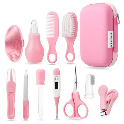 PandaEar Baby Healthcare and Grooming Kit, Baby Safety Set Baby Comb, Brush, Finger Toothbrush, Nail Clippers, Scissors, Nasal Aspirator, Baby Essentials Nursery Care Kit (Pink)