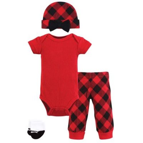 Hudson Baby Girls Thermal Preemie Layette Set 4pc Short Sleeve Outfit, Girl Buffalo Plaid, Preemie