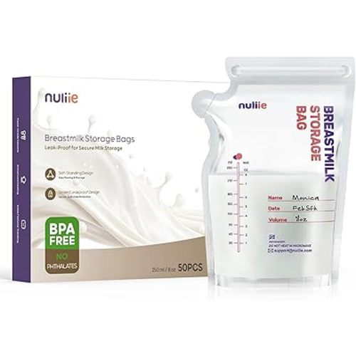Nuliie 50 Pcs Breastmilk Storage Bags, 8 OZ Breast Milk Storing Bags, BPA-Free, Milk Storage Bags with Pour Spout for Breastfeeding, Self-Standing Bag, Space Saving Flat Profile