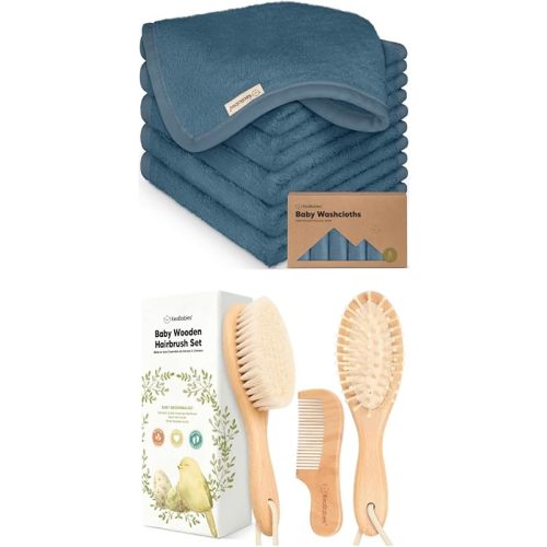 KeaBabies Baby Washcloths for Newborn, Kids and Baby Hair Brush and Comb Set - Soft, Absorbent Bath Cloth and Face Washcloths - Wooden Kids Brush with Soft Goat Bristle