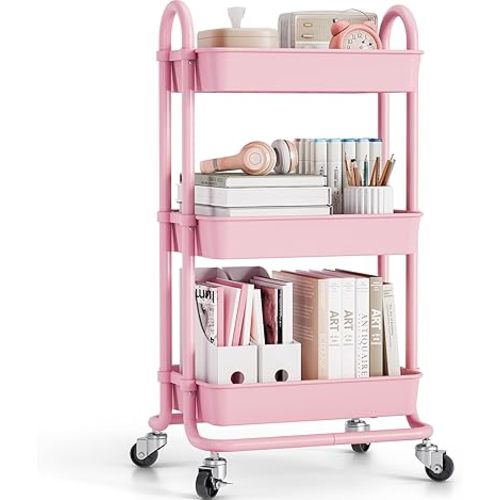 TOOLF 3-Tier Rolling Utility Cart, Utility Cart with Wheels – Portable Storage Organizer for Makeup, Baby Essentials, Kitchen, and Office Use (Regular Pink)