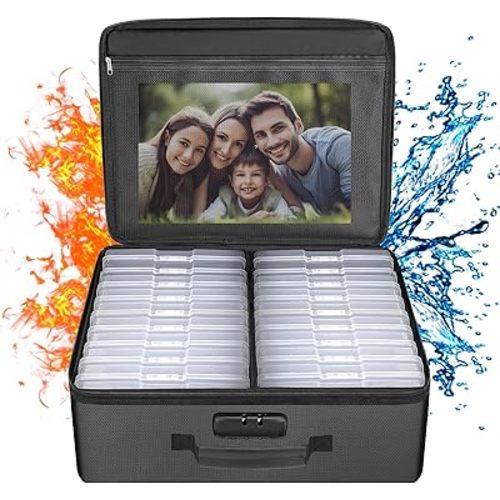 ENGPOW Photo Storage Box with 18 Inner 4" x 6" Photo Case(Clear), Fireproof Photo Organizer with Lock, Collapsible Portable Acid-Free Photo Keeper Craft Storage with Handles for Home, Office, travel