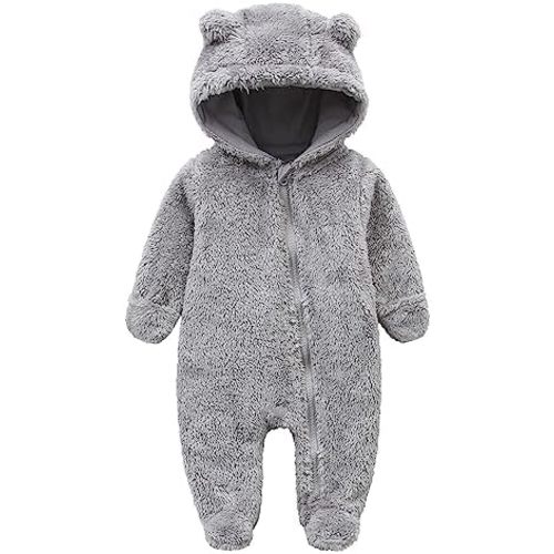 Baby Furry Jumpsuit Infant Bear Onesies Zipper Long Sleeve One-Piece Romper Hoodie Baby Outwear Snowsuit