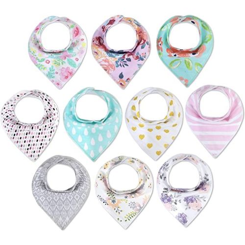 Baby Essentials Girls 10 Pack of Adjustable, Waterproof, Neck Snap Closure Bandana Shaped Baby Feeding Drool Bibs in Multicolor Geometric Patterns