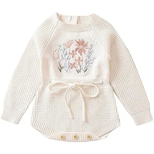 Baby Girl Knitted Romper Sweater Long Sleeve Knit Embroidery Floral One Piece Bodysuits Warm Fall Winter Clothes