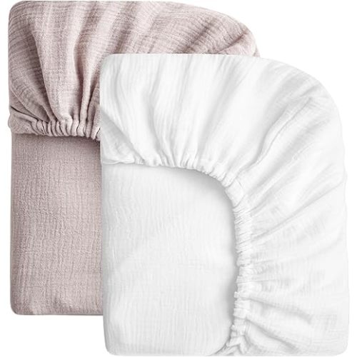 SOULFUL Muslin Crib Sheets for Boys Girls, 2 Pack Soft and Breathable Organic Cotton Fitted Crib Sheets for Standard Crib Mattress (28"x 52", White & Mist Pink)