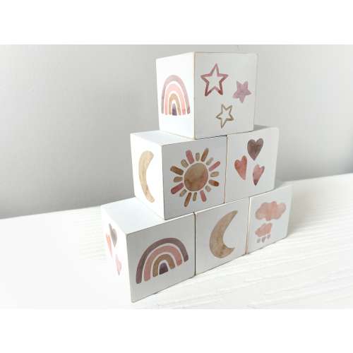Rainbow Nursery Décor - Muted Rainbow for Minimalist Nursery - Neutral Moon, Stars, Clouds Watercolor Baby Blocks