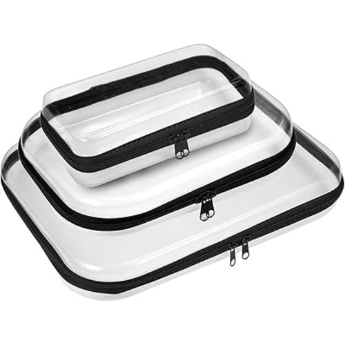 3 Pack Zippered Hard Pouch, Clear Hard Shell Zipper Case, Clear Plastic Storage Box Containers Small Toiletry Bag for Small Items, Toys, Building Blocks, Puzzles, Cosmetics&Stationery, 3 Size (Black)