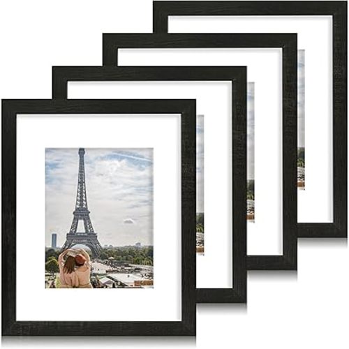 11x14 Picture Frame Set of 4, Made of Real Glass and Rustic Black Wooden Frame, Display 8x10 Pictures with Mat or 11 x 14 Posters without Mat for Wall Mounting, Gallery Photo Frames