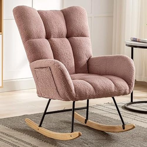 Rocking Chair Nursery, Teddy Upholstered Glider Rocker with High Backrest, Reading Chair Modern Rocking Accent Chairs Glider Recliner for Living Room, Nursery, Bedroom,Pink