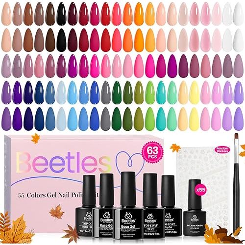 Beetles Fall Gel Nail Polish Set Vibrarnt Holiday 55 Colors Gel Polish Kit with 5 Bottles of Base Glossy Matte Top Coat Soak off Nail Polish Orange Brown Pink Green Blue Red Halloween Gifts for Women