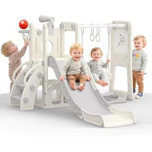 9 in 1 Toddler Slide and Swing Set with Basketball Hoop, Drawing Board, Rings & Telescope Indoor Outdoor Playset for Kids, Playground Activity Center, Toddler Swing and Slide Set