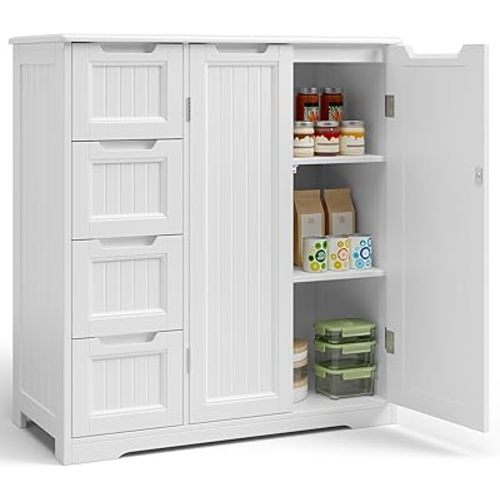 Gizoon Storage Cabinet, Bathroom Floor Cabinet, Kitchen Pantry, Side Storage Organizer with 4 Drawers & Double Doors, Coffee Bar Table, Adjustable Shelf, for Bathroom, Living Room, Entryway, White