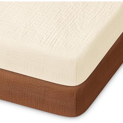Pro Goleem Muslin Pack n Play Sheets for Boys and Girls, Soft Breathable Cotton Fitted Mini Crib Sheets, Neutral Baby Sheets for Playard Mattress, 2 Pack (Brown＆Beige)