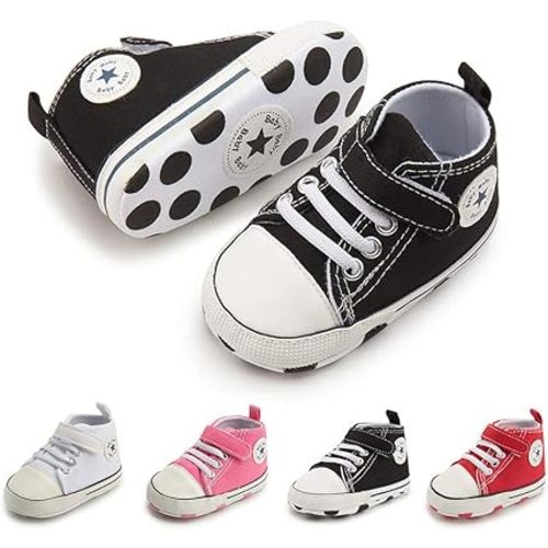 Meckior Baby Girls Boys Canvas Sneakers Soft Sole High-Top Ankle Infant First Walkers Crib Shoes - 12-18 Months Toddler - B20/Black