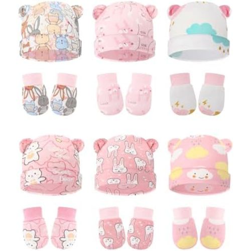 Geyoga 12 Pieces Newborn Hat Mittens Gloves Set Baby Boys Girls Cotton Baby Beanie for 0-12 Months