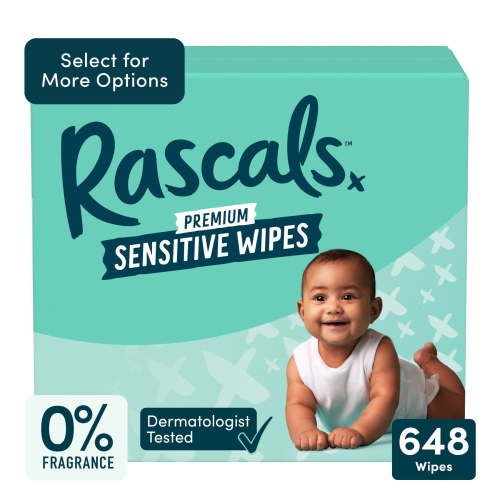 Rascals Fragrance Free Natural Aloe Sensitive Baby Wipes, 648 Count with 3 Inner Packs