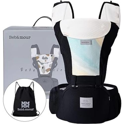 Bebamour Baby Carrier Newborn to Toddler-Baby Hip Carrier Front and Back Carry with Head Hood & 3 Pieces Teething Pads& Waist Extenders & Storage Bag (New Black)
