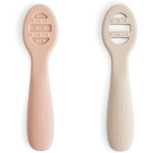 mushie Silicone First Feeding Baby Spoons | 2 Pack (Blush/Shifting Sand)