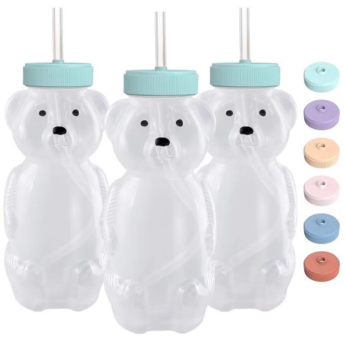 Honey Bear Straw Cups for Babies 3 pack, 8oz honeybear straw cup with improved safety lid design, Straw learning therapy cup. Leak-Proof & Food-Grade & BPA Free (AQUA)