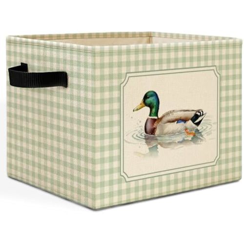Sage Green Mallard Duck Plaid Storage Bins Box with Handles, Mallard Duck Swimming in Water Laundry Basket Hamper Collapsible Clothes Toys Organizer for Boys Nursery Room Bathroom