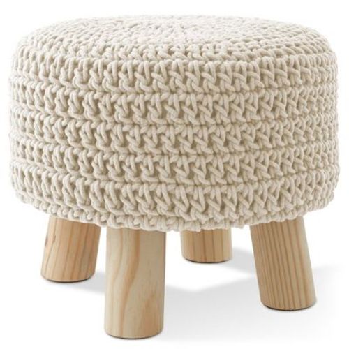Hand-Knitted Cotton Pouf Ottoman Footstool, 13" Round x 11" High, Compact Boho Accent Footrest for Living Room and Bedroom, Natural