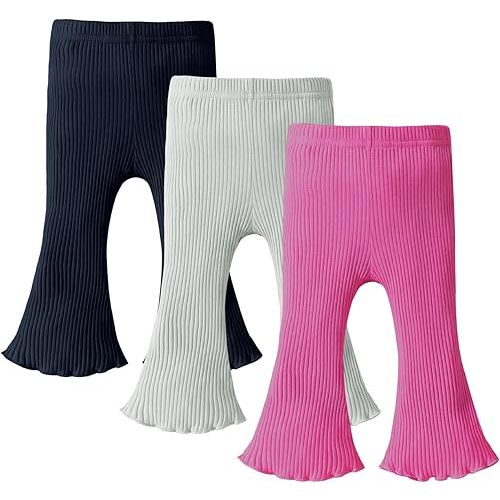 DREAM BUS 3 Pack Baby Girl Pants Toddler Leggings Solid Ribbed Cotton Baby Girls Flare Pants Toddler Bell Bottoms