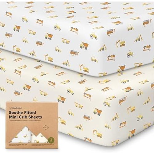 2-Pack Mini Crib Sheets Fitted - Pack N Play Sheets for Pack and Play Mattress, Organic Cotton, Soft & Breathable Jersey Playard Bedding, Neutral Mini Toddler Bed Cover for Boys, Girls (Construction)