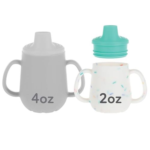 Nuby First Training Cup - Silicone Cup with Free-Flow Spout and Easy-Grip Design - 2 oz - 6+ Months - Aqua and Sprinkles