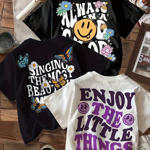 Three-Piece Set of Fashionable Women'S T-Shirts -Three-Piece Set. Ladies' T-Shirts. Fashionable Round Neck. Made of High-Quality Pure. Soft And Skin-Friendly. Suitable for Daily Wear And Various Parties. Machine Washable. A Perfect Gift.