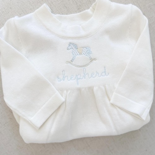 Personalized Embroidered Knit Gown | Heirloom Gift | Baby Shower Gift | Monogrammed Baby | Custom Keepsake | Baby Boy Rocking Horse Gift