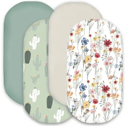 Bimocosy Bassinet Sheet, 4 Pack Bassinet Sheets for Baby Boys Girls, Soft Baby Bassinet Fitted Sheets Neutral for Bassinet Mattress, Size 32 x 16 x 4 Inches, Cactus/Floral/Wintergreen/Beige