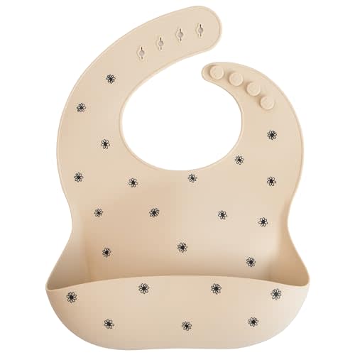 mushie Silicone Baby Bib | Adjustable Fit Waterproof Bibs (Black Daisy)